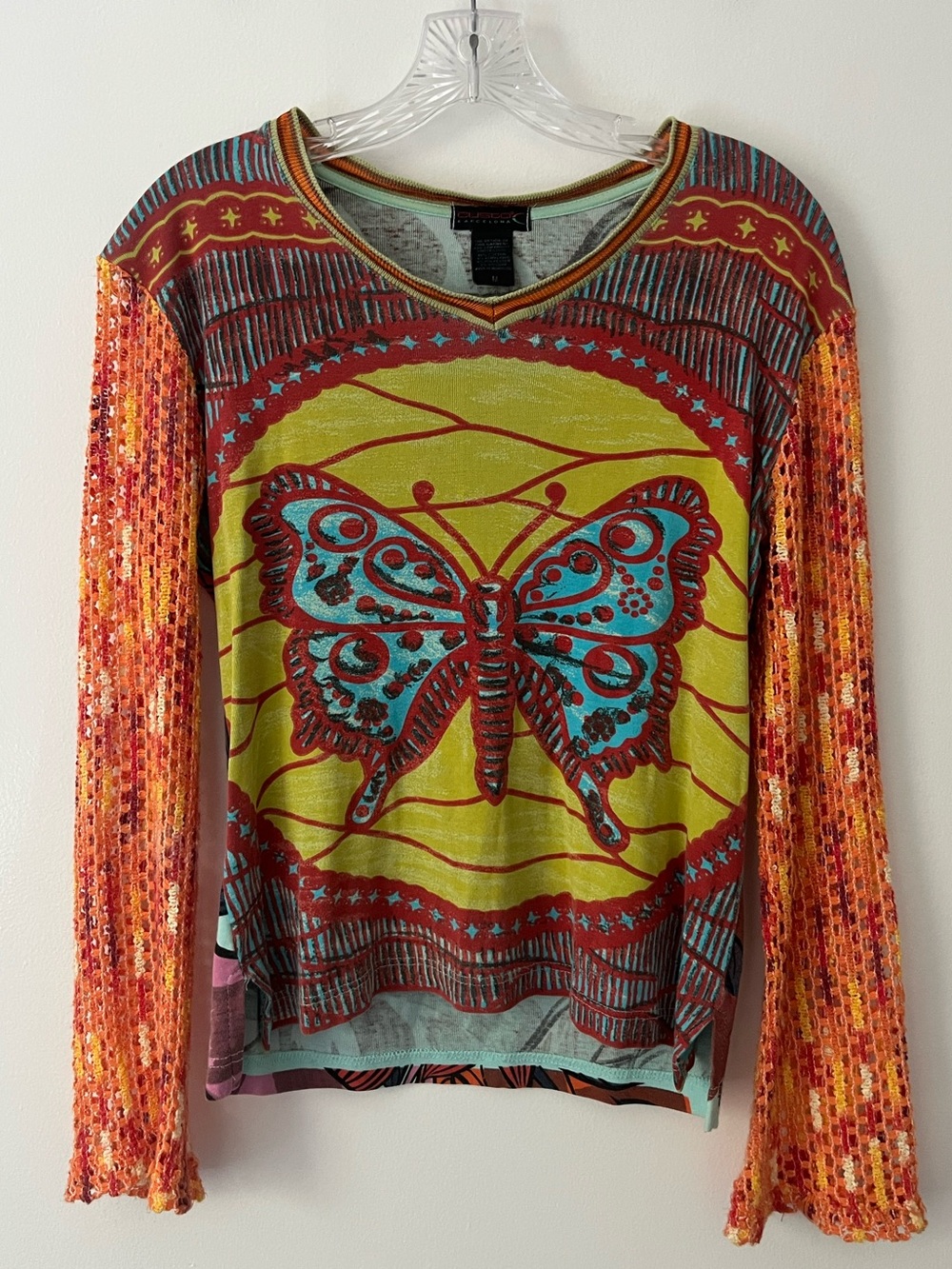 Custo Barcelona Y2K Butterfly Floral Crochet Bell Sleeves Hippie Festival Top M